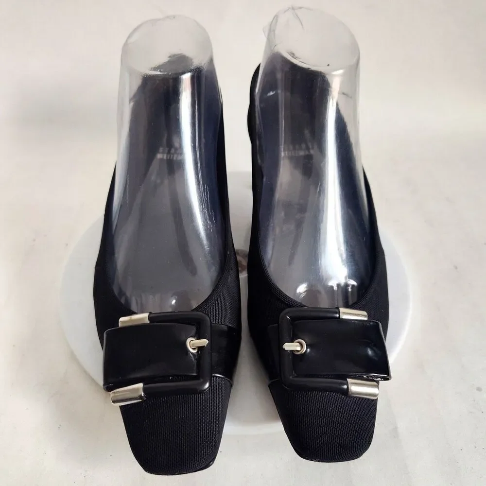 Stuart Weitzman Black Leather Sole Low Blocks Heels Size‎ 6 M Mesh Pumps Buckles